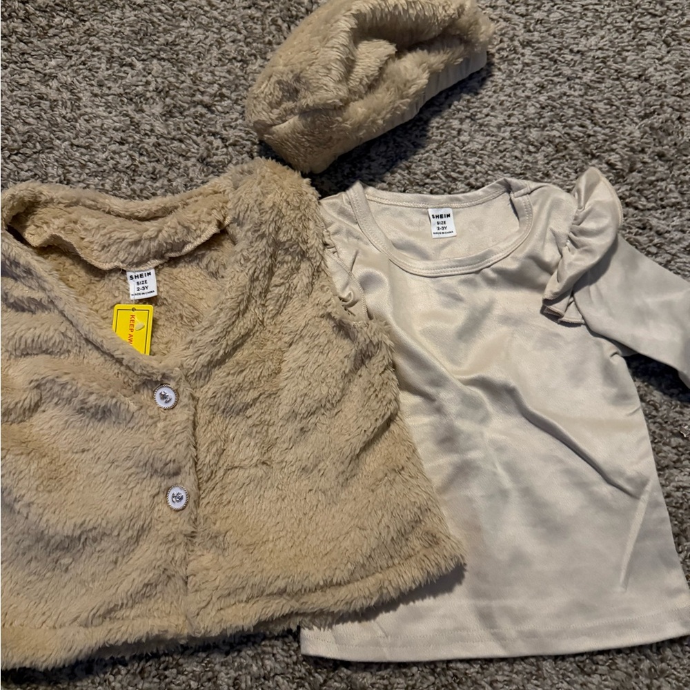 SHEIN Tan Kids Fuzzy Vest and Shirt Set